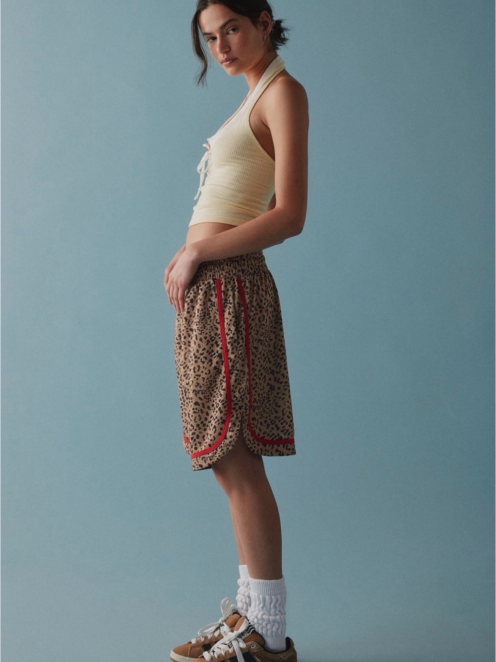 UO BDG Leopard Print Elastic-Waist Women’s Shorts in Tan with Red Trim - Picture 2 of 6